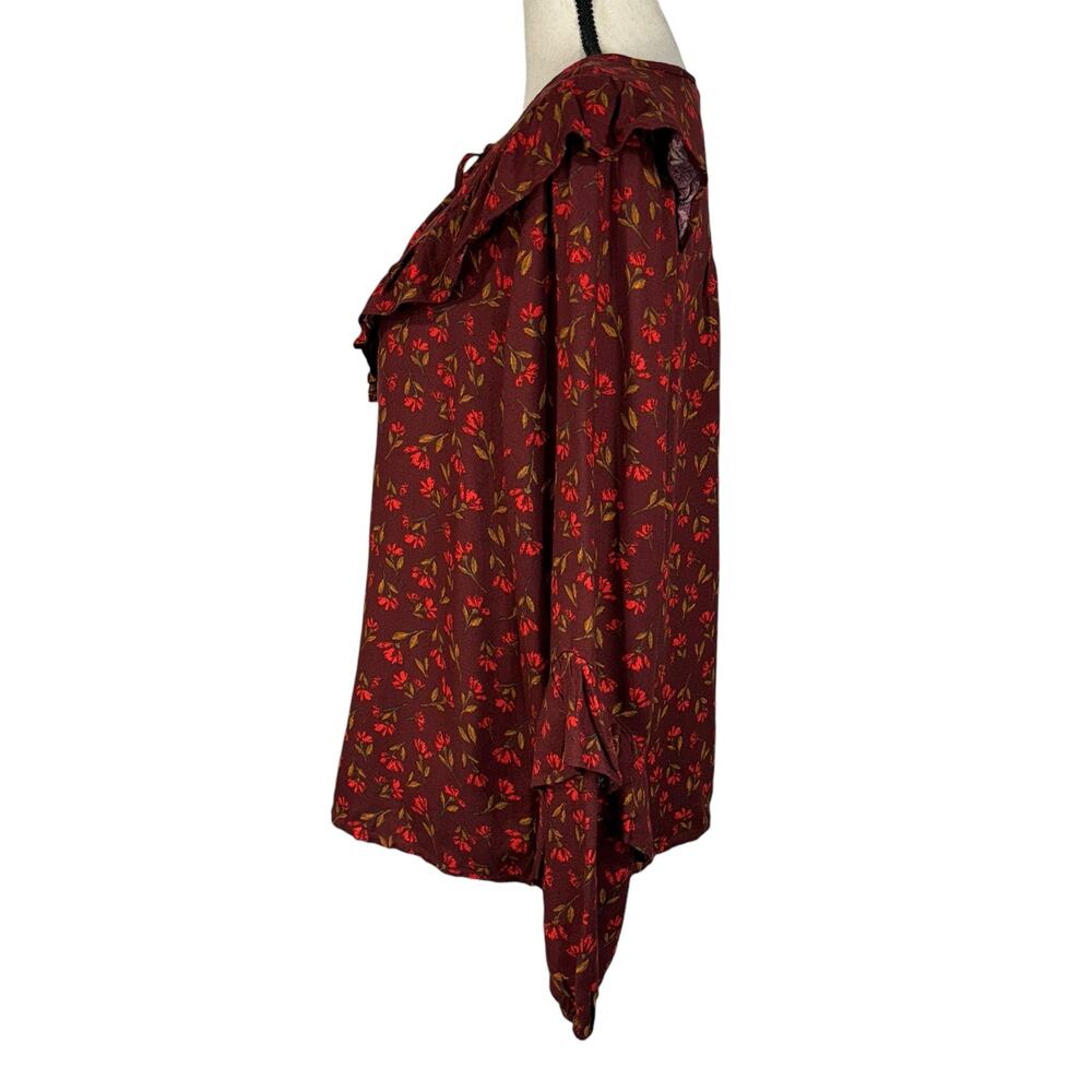 Sonoma Medium Top Floral Ruffled Long Sleeve Tie Keyhole Neck Dark Rust Multi - Picture 5 of 9